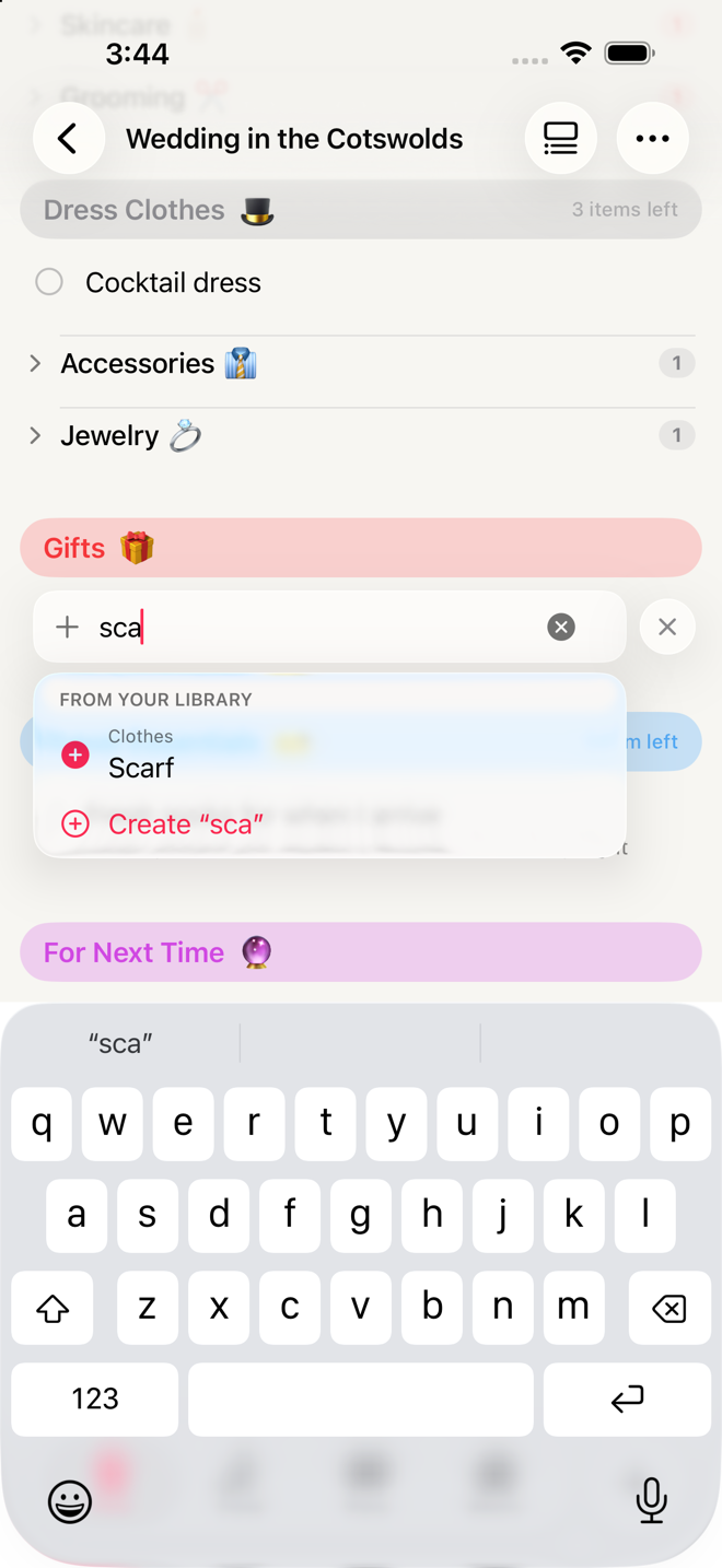 the inline add field mid-type with the "From your library" bucket and the Create "…" fallback visible.