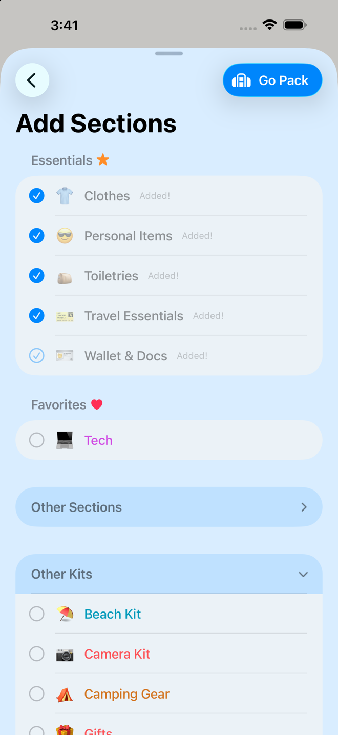 the Add Sections screen with Essentials pre-ticked and the Other Kits row expanded.