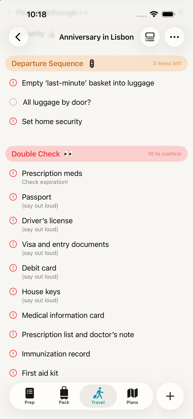 the Travel tab scrolled to the bottom, the Double Check section below every other section, the trip's critical items listed with their confirm ticks.