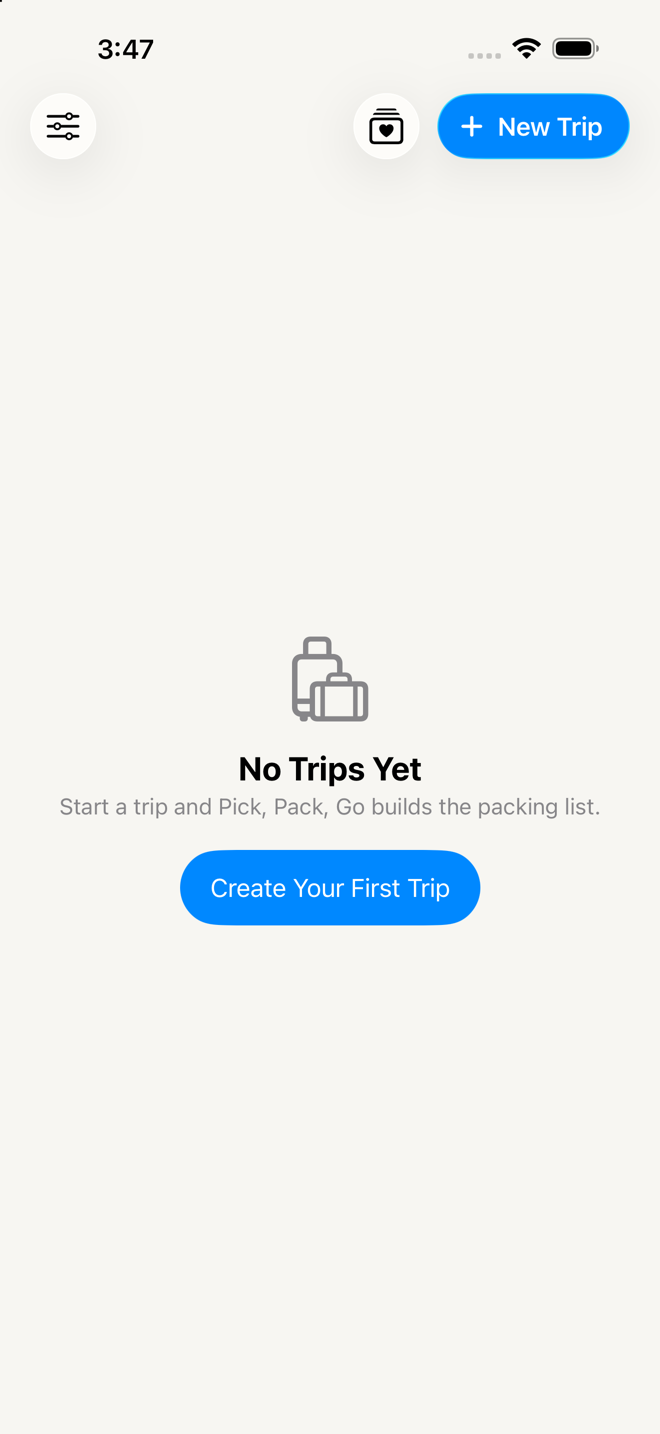 the Home screen straight after setup: "No Trips Yet" with the suitcase symbol and the "Create Your First Trip" button.