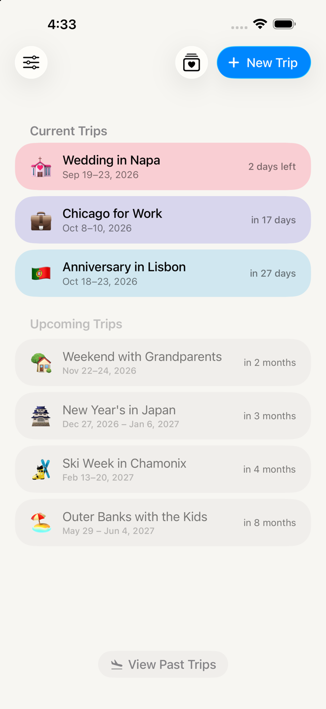 the Home screen with trips grouped into Current and Upcoming, the "+ New Trip" button top right and "View Past Trips" at the bottom.