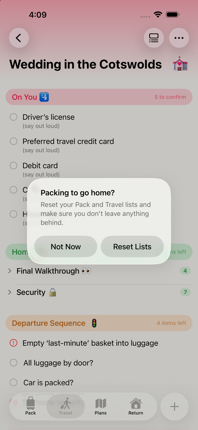the "Packing to go home?" prompt over the Travel List.