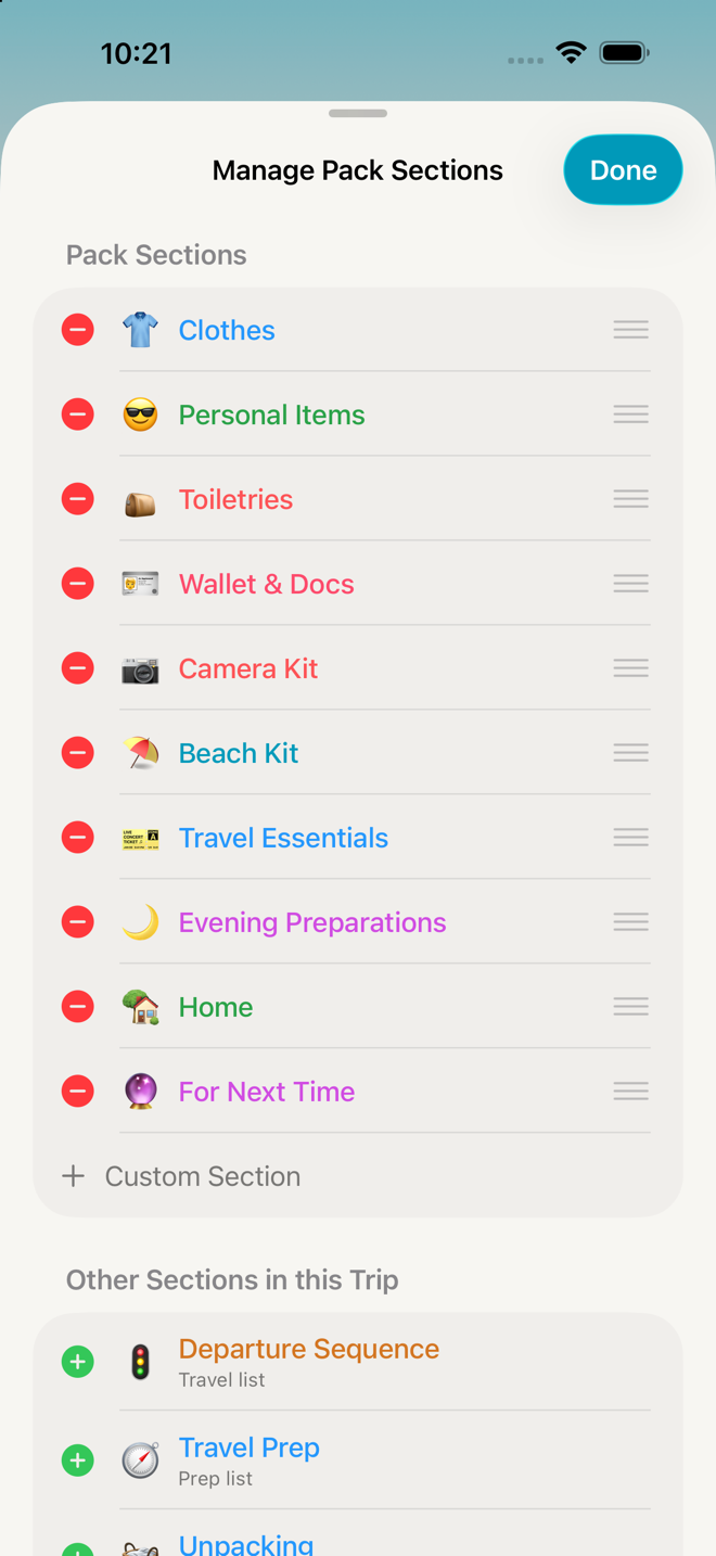 the Manage Sections sheet, showing the red − controls, the Custom Section row, and Available Kits below.