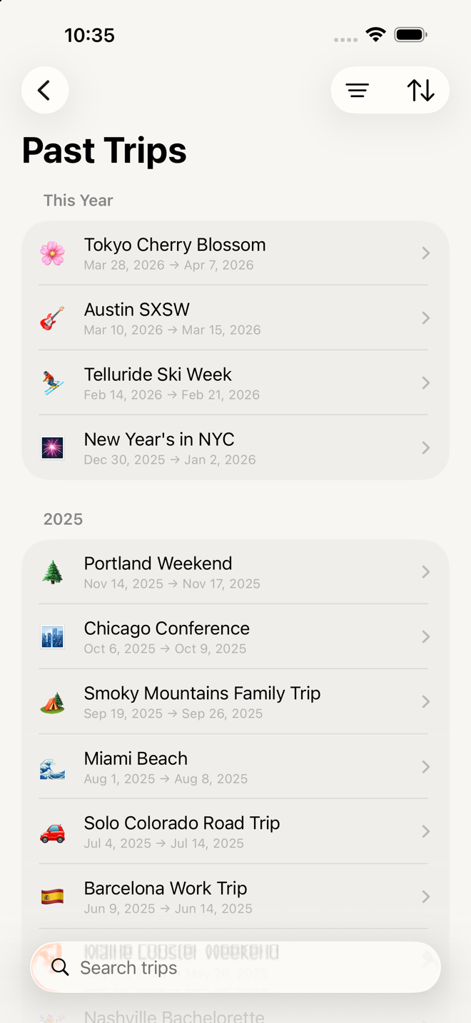 the Past Trips list with search, filter chips and one row's context menu open.