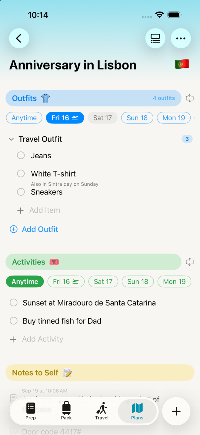the Activities block in compact mode with day pills, one day selected and its activities listed.