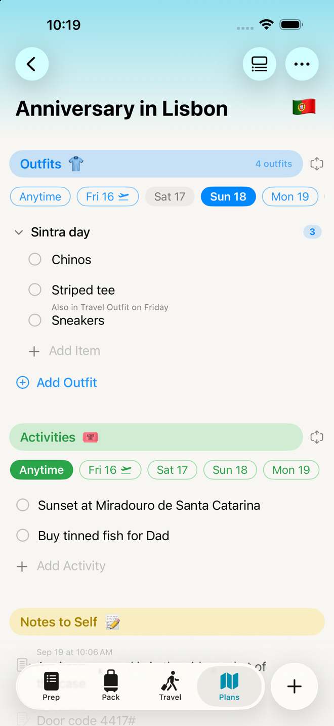 the Plans tab's Outfits block with day pills, named outfits and their garments, and the Add Outfit row.