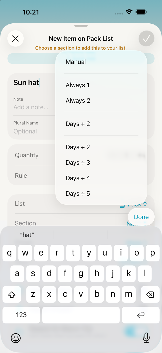 the Default Quantity menu open in the item editor.