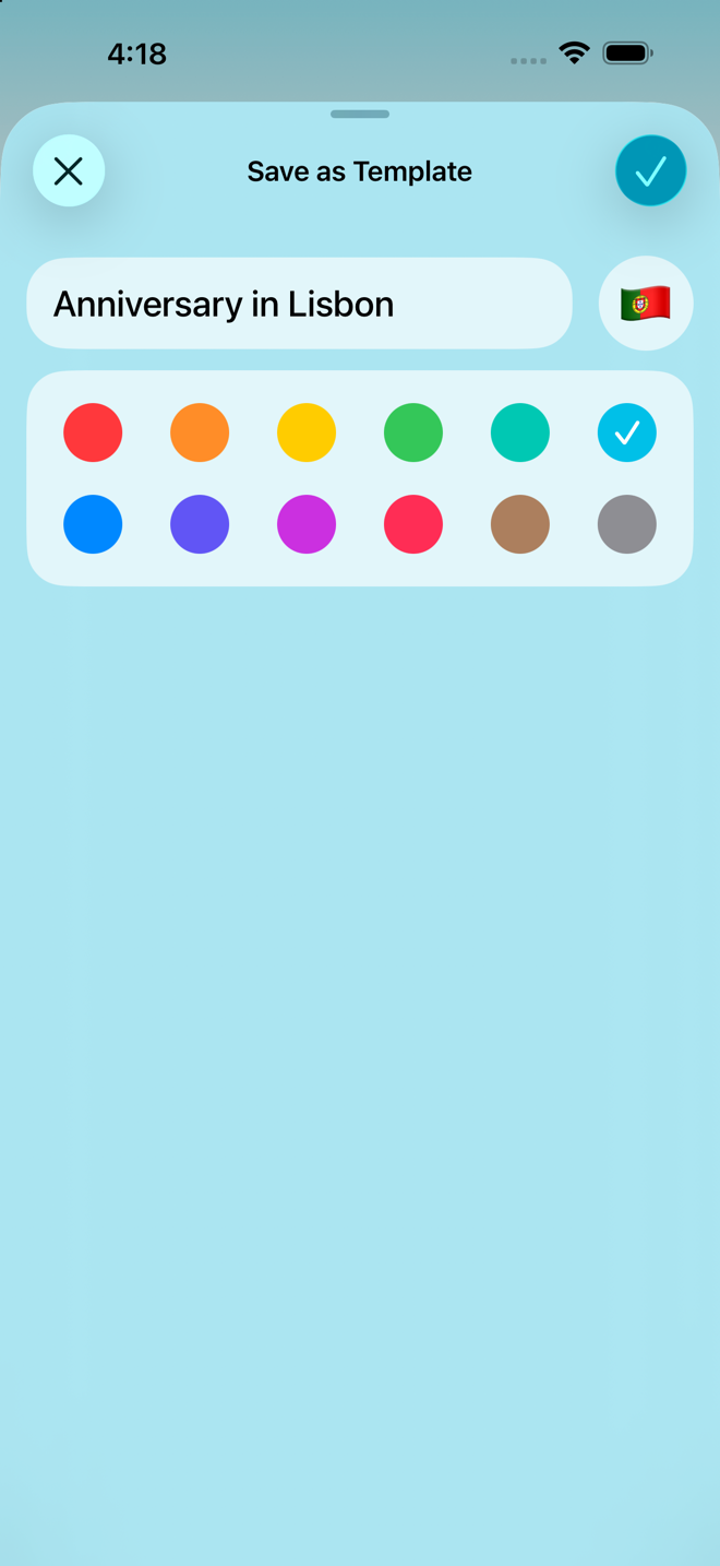 the Save as Template sheet, name and emoji filled in.