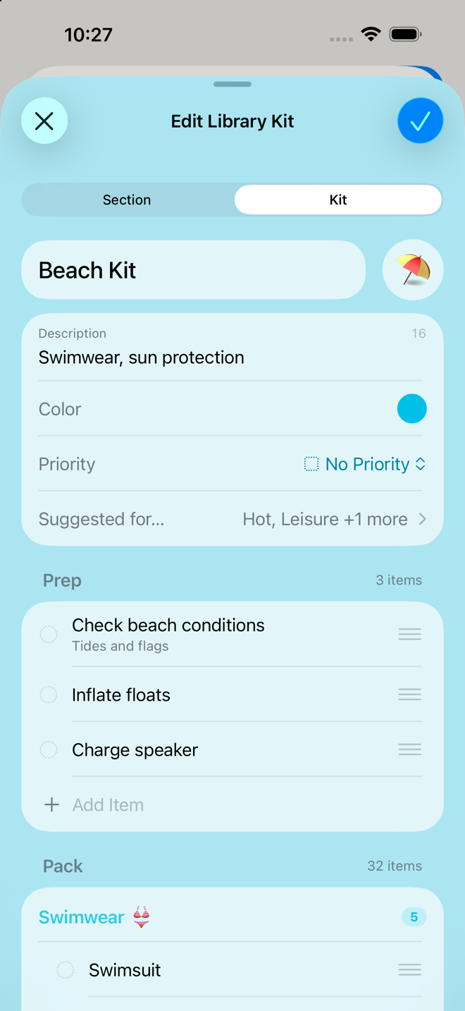 the section editor showing the Section/Kit switch, priority, and the relevance tag pickers.