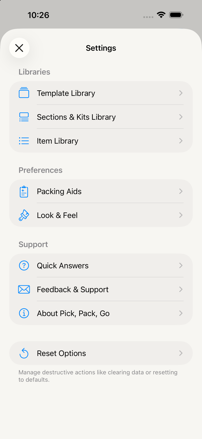 the Settings screen showing Libraries, Preferences and Support.