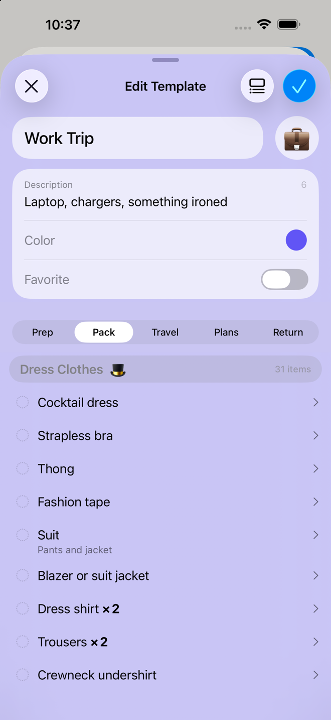 the template editor on the Pack List segment, showing section pills and items.